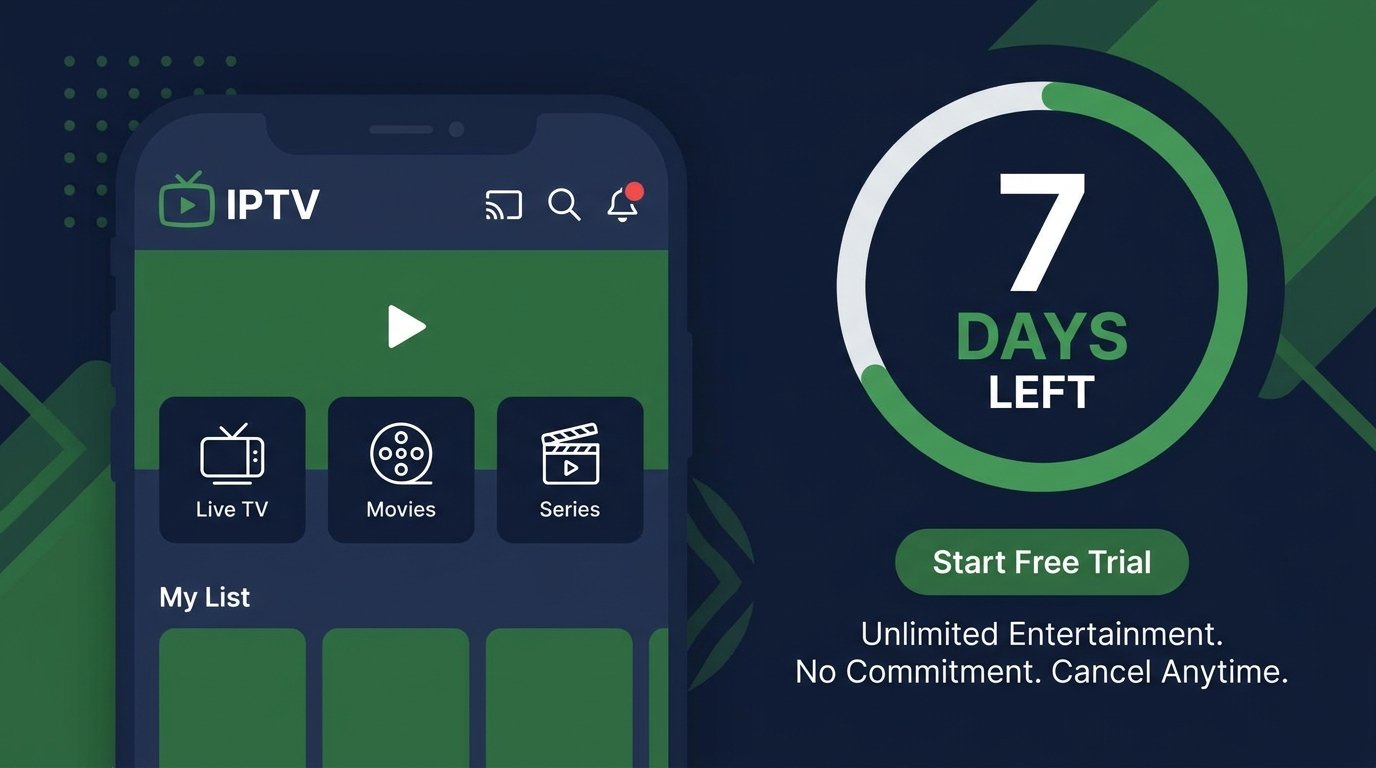 IPTV Ireland 7-day free trial countdown — two trials per household, no card required